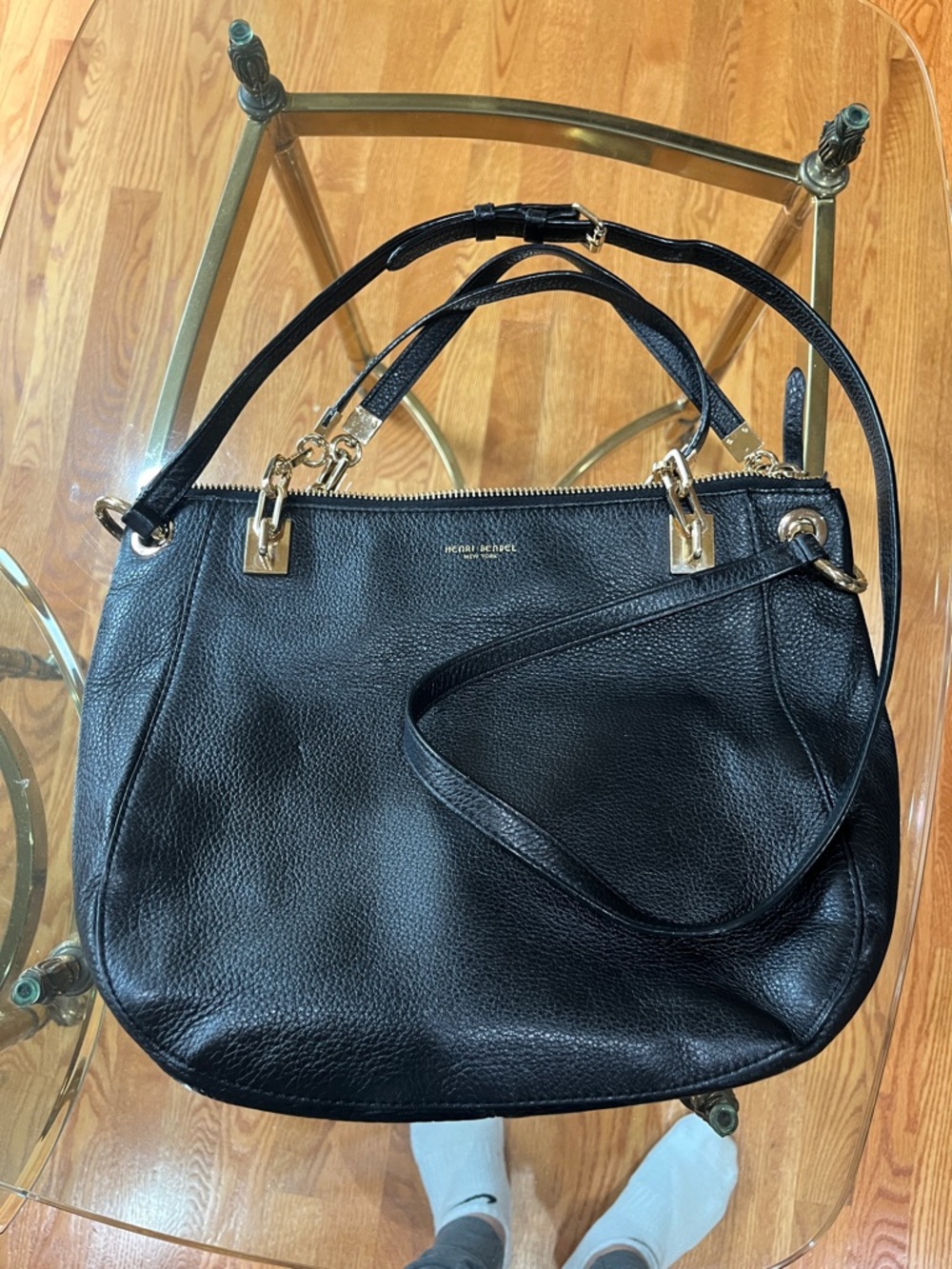 Henri bendel Black Pebbled Leather Shoulder Bag with Gold Accents